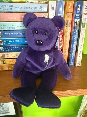 Ty Purple Beanie Baby Bear with Silver Embroidered Rose